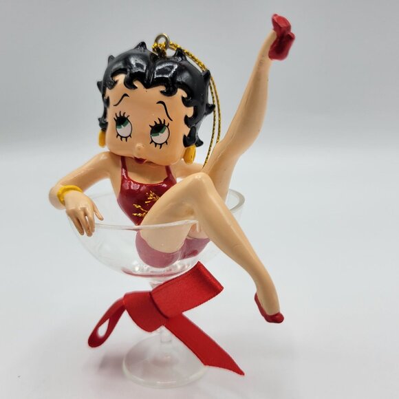 Vtg Betty Boop Ornament In Cocktail Glass With Red Bow Christmas Holiday Decor - Picture 10 of 13